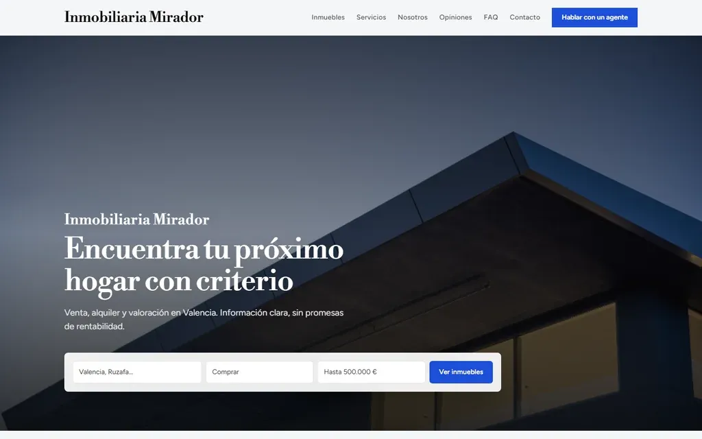 Captura de la plantilla inmobiliaria Mirador con CMS