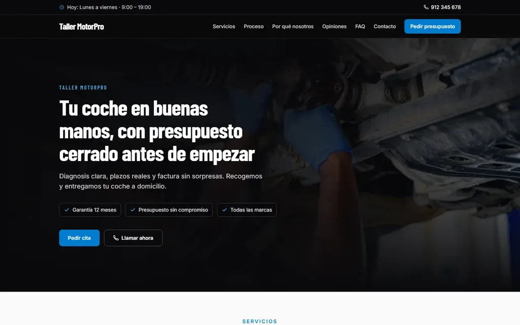 Captura de la plantilla de taller mecánico Taller MotorPro
